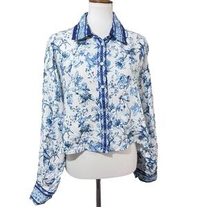 Magaschoni Blue White Floral Linen Button Down Shirt Womens XL Boxy Cropped Top